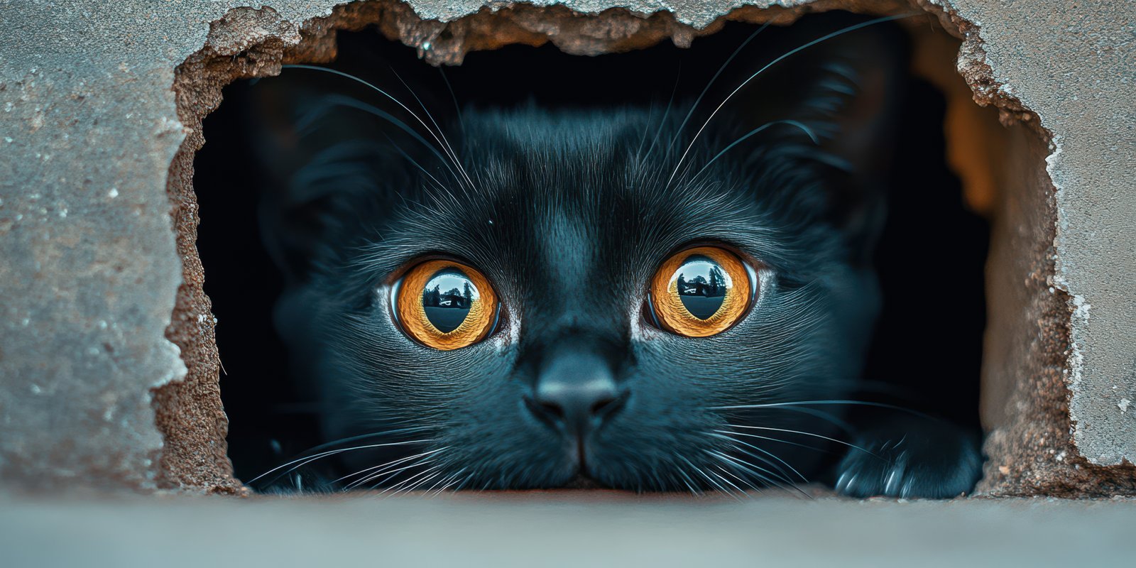 Curious black cat peering through a hole in a concrete wall with bright orange eyes in an urban setting